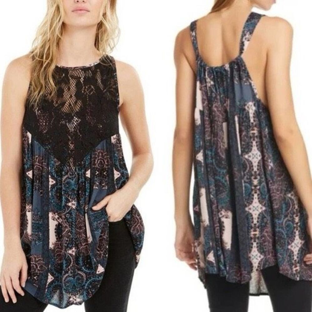Free People Intimately Count Me In Trapeze Tunic Dress in Black Combo XS $88